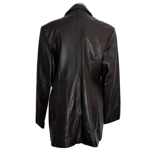 Katiana Couture Black Leather Blazer Jacket Womens Large Button-Up Lined Coat - Picture 3 of 8